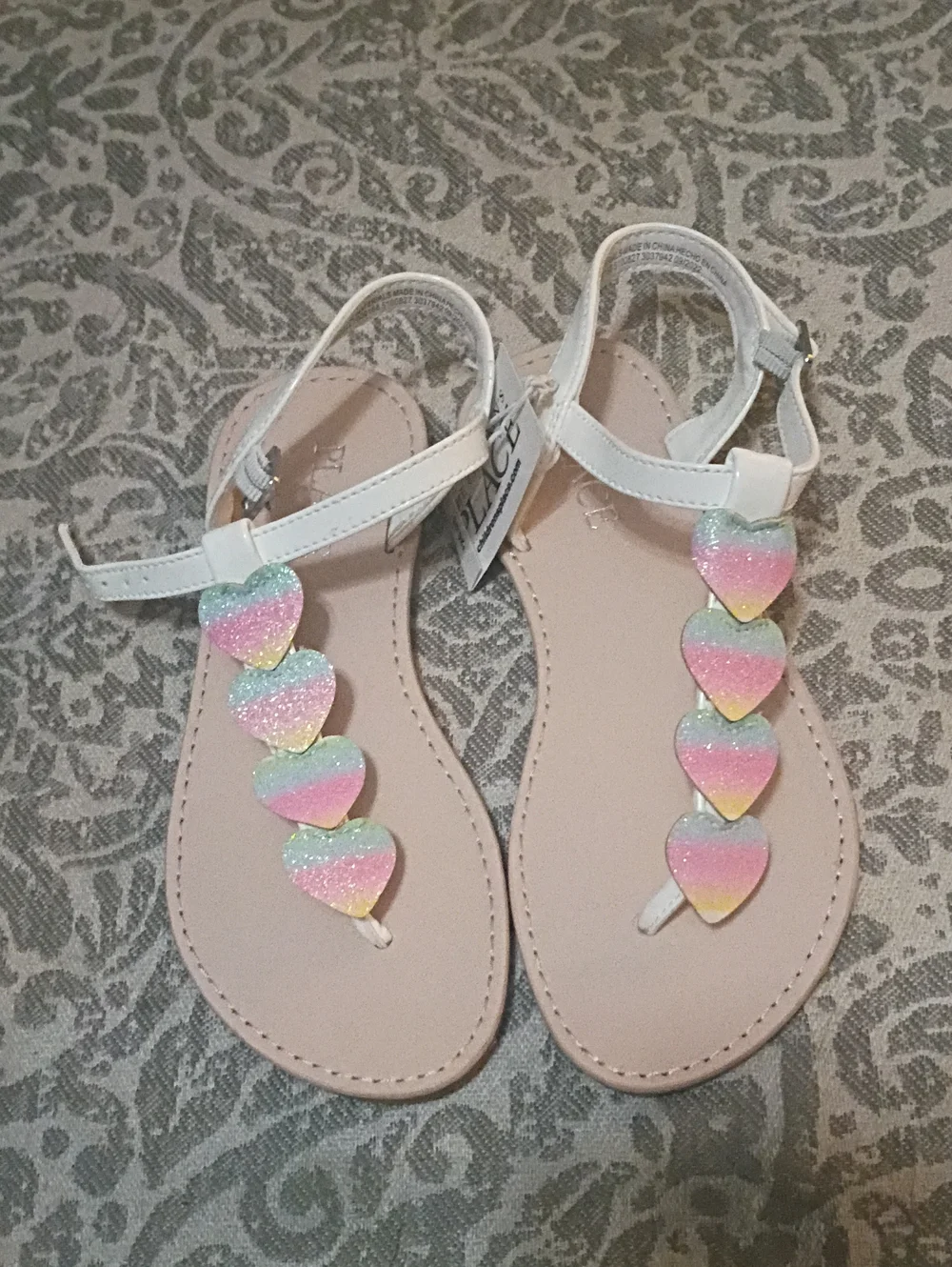 Children's Place White Girls' Sandals with Pastel Rainbow Heart Accents. 13. NWT